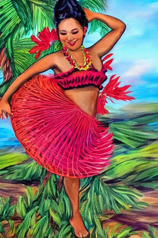 Prompt: traditional hawaiian hula dancer, high detail, beautiful background