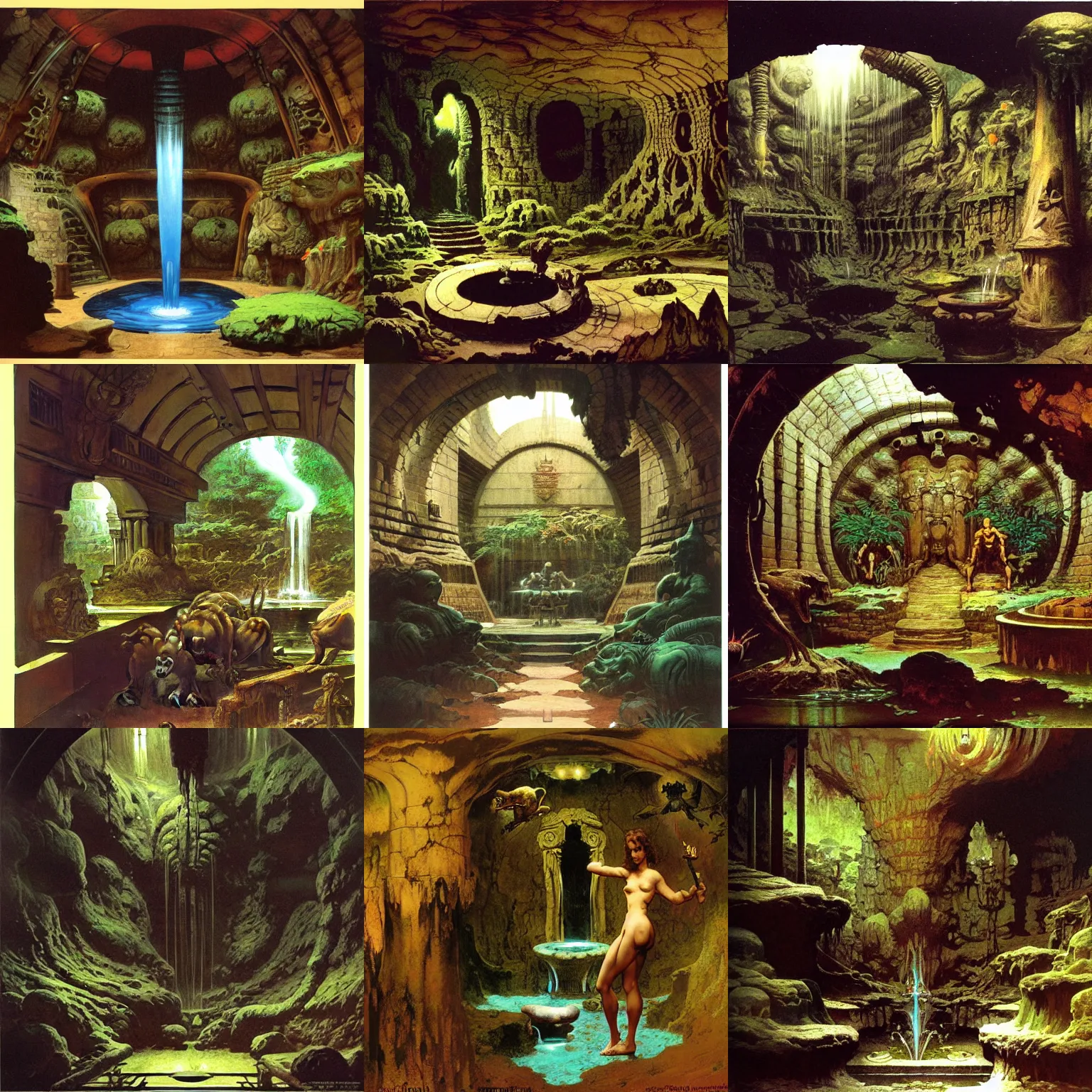 Prompt: interior view asimov ancient underground dungeon flora fauna fountain by syd mead, frank frazetta, ken kelly, simon bisley, richard corben, william - adolphe bouguereau