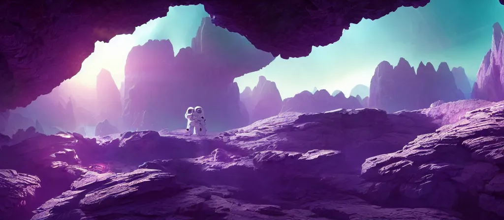 Image similar to one astronaut on purple [ [ [ crystal ] ] ] caves, amethyst, beautiful dynamic lighting, cinematic, wide angle establishing shot, extremely high detail, photo realistic, cinematic lighting, artstation, matte painting, style by frederic church, raphael lacoste, greg rutkowski, roger deakins