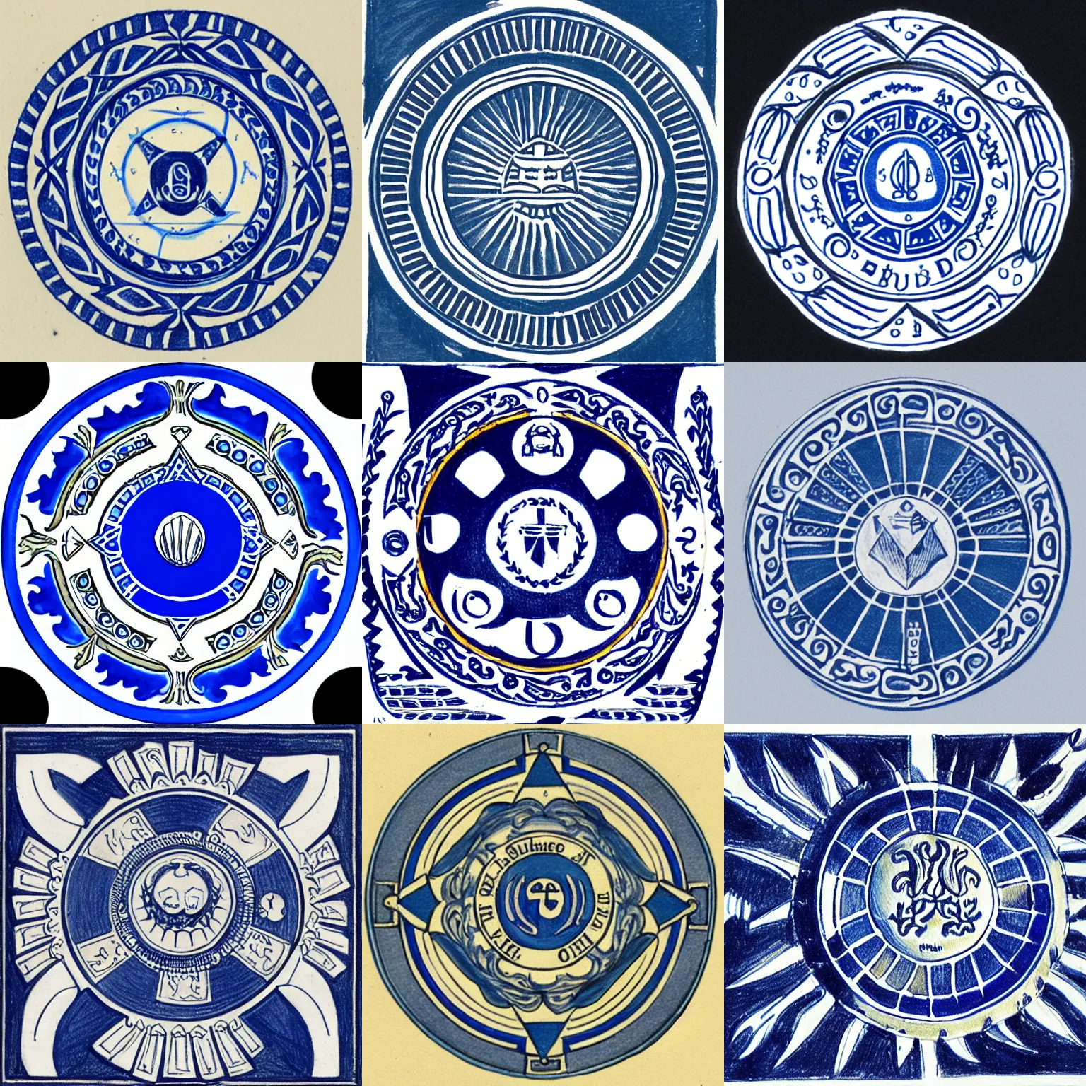 Prompt: blue - and - white drawing of the seal of the blue naiad's order of the solar temple