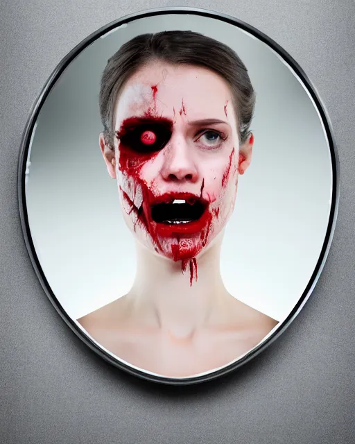 Image similar to the terror of facing yourself in the broken mirror, blood, fear, 8k, ultra realistic