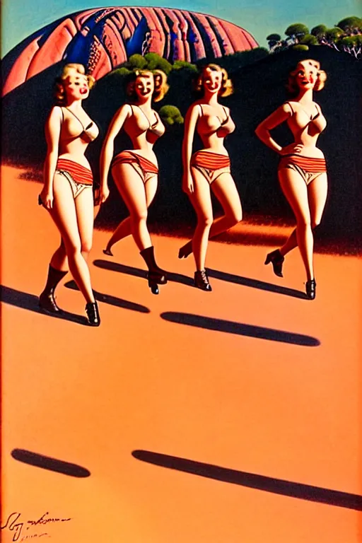 Image similar to 1940s group of pinup bikini girls walking around 1940s Ayers Rock, Uluru, in Australia, oil painting, by Gil Elvgren