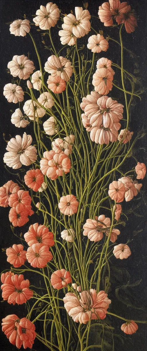 Image similar to oil painting of a couple of flowers on a dark background, painted by Sandro Botticelli, the flowers are floating and are seen from the side, dark atmosphere, realistic flowers oil painting