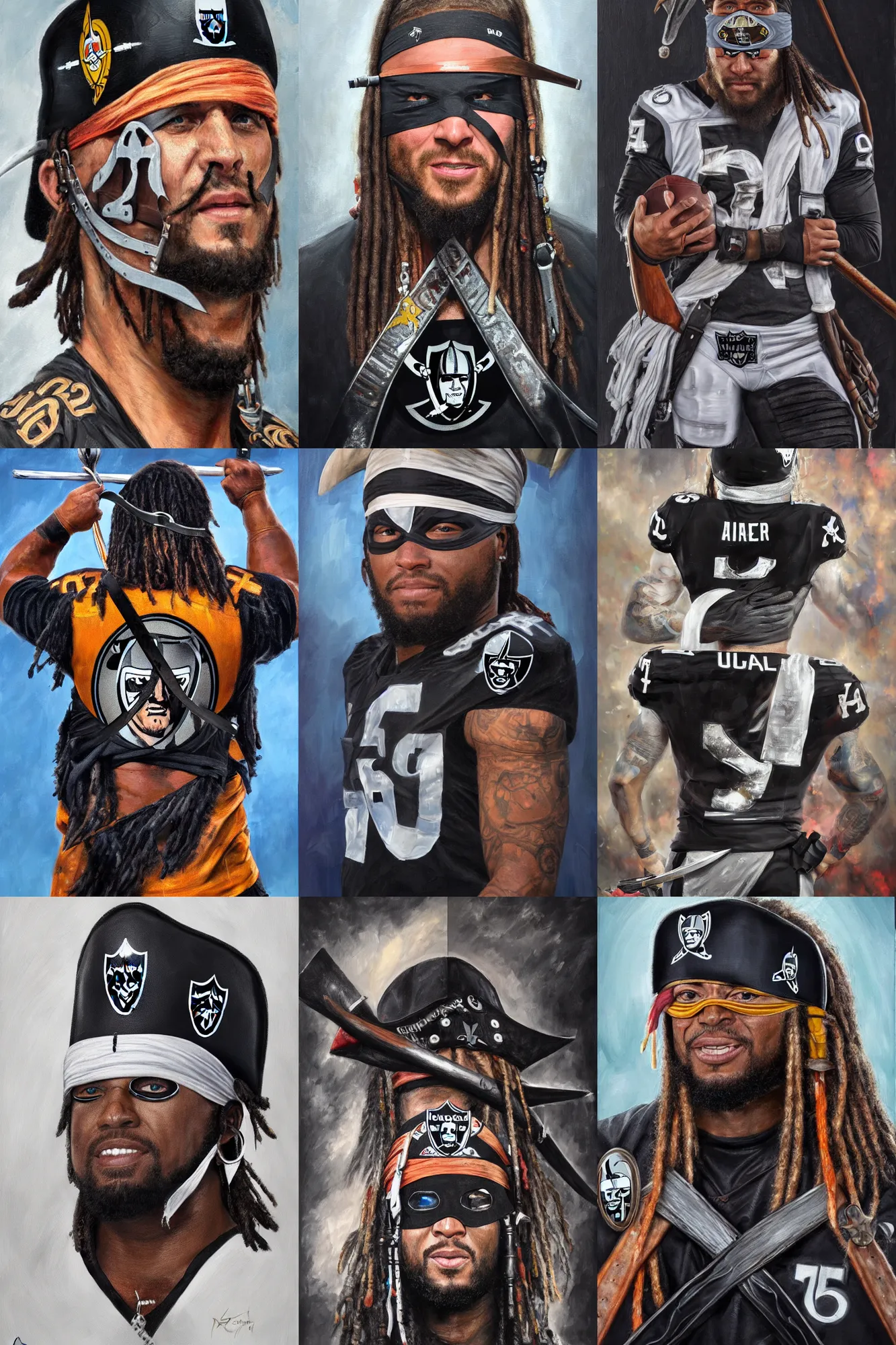 Prompt: A detailed portrait of a las vegas raiders NFL player as a pirate with an eye patch and two crossed cutlasses on their back, oil on canvas, trending on artstation, HD, 4K