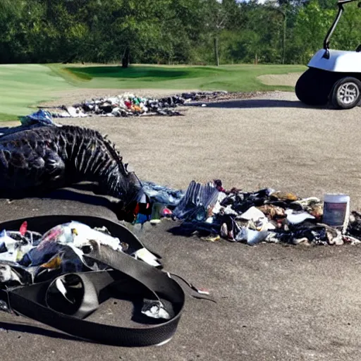 Image similar to one large alligator chained up next to a very large mound of trash, papers, junk, and golf cart parts