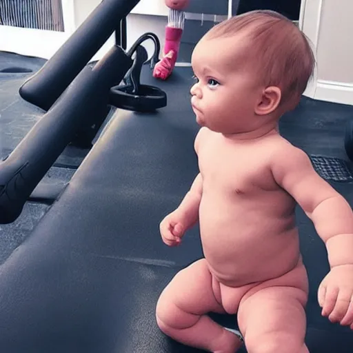 Prompt: photo in instagram of baby with muscle like a giga chad