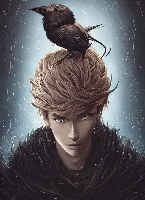 Prompt: beauty boy with a crows nest on his head, cruelty, black crows, light effect, hyper detailed, intricate, elegant, highly detailed, digital painting, artstation, concept art, matte, sharp focus, illustration, by dan mumford, yusuke murata, makoto shinkai, ross tran