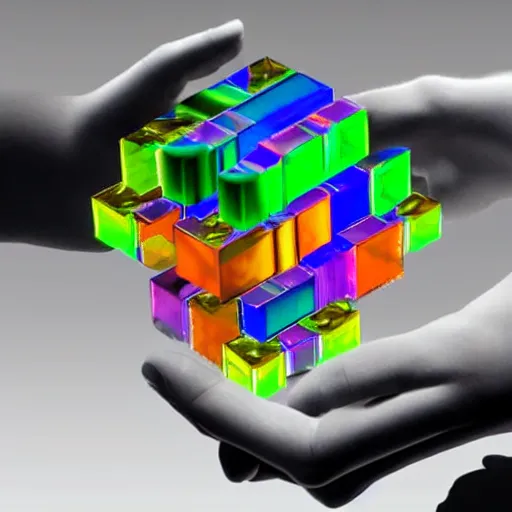 Image similar to a person's hand holding a 3 d model of a bismuth crystal, a computer rendering by erno rubik, featured on polycount, holography, quantum wavetracing, ray tracing, circuitry