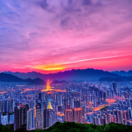 Prompt: Taiwan from above, epic sunset