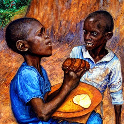 Image similar to oil painting of a malnourished ugandan boy sharing bread with a blond well fed child american, by josephine wall