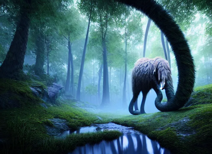 Image similar to hyperrealism, detailed textures, photorealistic, 3 d render, a surreal mystical forest with a bright blue winding creek, a wooly mammoth grazing, ultra realistic cinematic, intricate, cinematic light, concept art, illustration, art station, unreal engine