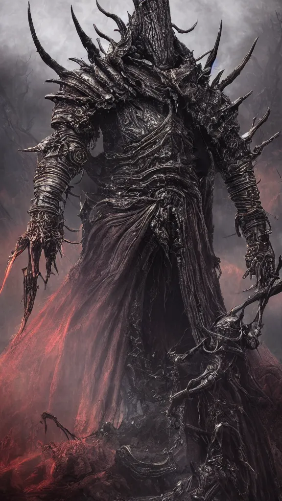 Image similar to the true elden lord, fromsoftware, elden ring, dark souls, bloodborne, dark fantasy, realistic, highly detailed, 8 k, volumetric lighting, sinister lighting, detailed facial features