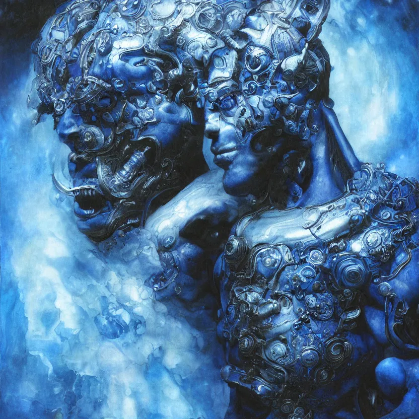 Prompt: neoclassicist renaissance portrait of blue demon seated in singularity, with high tech body interface. iridescent textures. highly detailed fantasy science fiction painting. highly detailed fantasy science fiction painting by chris cunningham and vrubel. dark and volumetric. trending on artstation