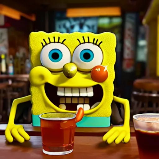 Image similar to photorealistic portrait of spongebob drinking in a spanish bar, hyper realistic, hyper detailed, unreal engine 5, octane render
