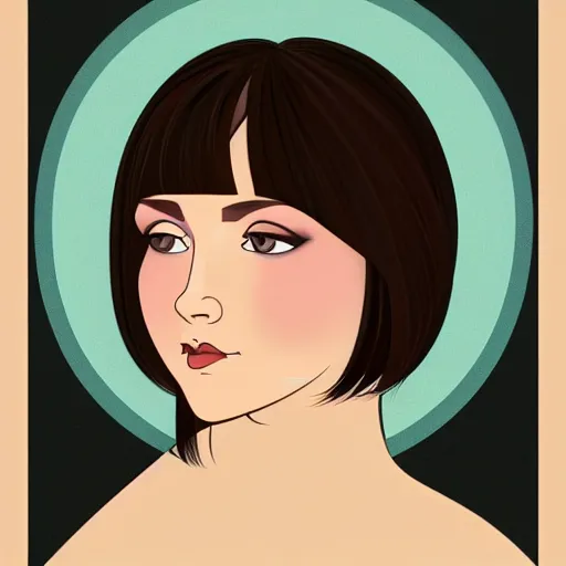 Image similar to chubby brunette woman with straight hair in a short bob, romanian heritage, brown eyes, no bangs, digital art, cartoon, 8k, illustration, art nouveau, Alphonse Mucha, trending on artstation, medium shot, head shot