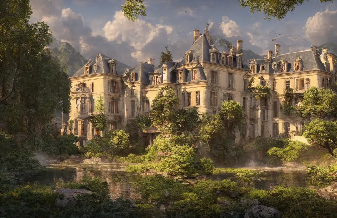 Prompt: a hyper realistic professional photographic view picture of a french chateau filter unreal engine 5 realistic hyper detailed 8k ultradetail cinematic concept art volumetric lighting, fantasy artwork, very beautiful scenery, very realistic painting effect, hd, hdr, cinematic 4k wallpaper, 8k, ultra detailed, high resolution, artstation trending on artstation in the style of Albert Dros glowing rich colors powerful imagery nasa footage drone footage drone photography