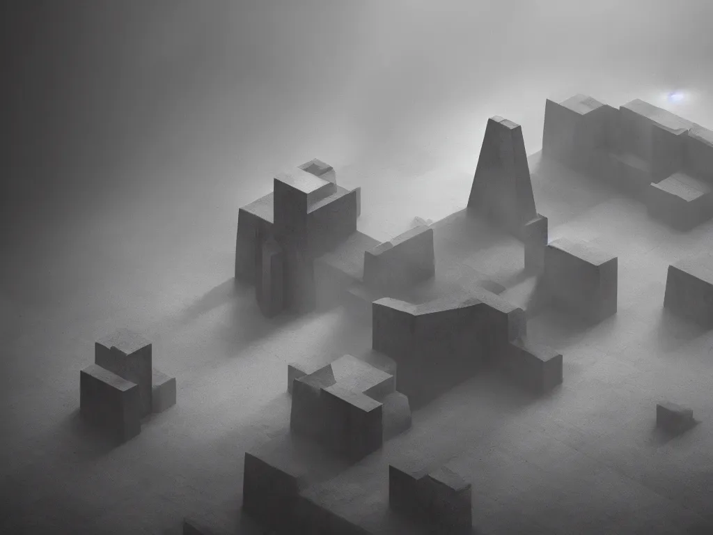 Image similar to labyrinth monolithic brutalist minimalist unusual stjil, isometric, ultra wide angle view, cinematic, volumetric lighting, fog, mist, god ray, epic