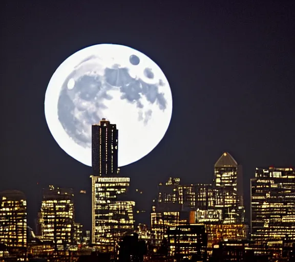 Image similar to a silhouette of a city skyline, giant moon behind city, centered, bleak, long shot, moon is centered