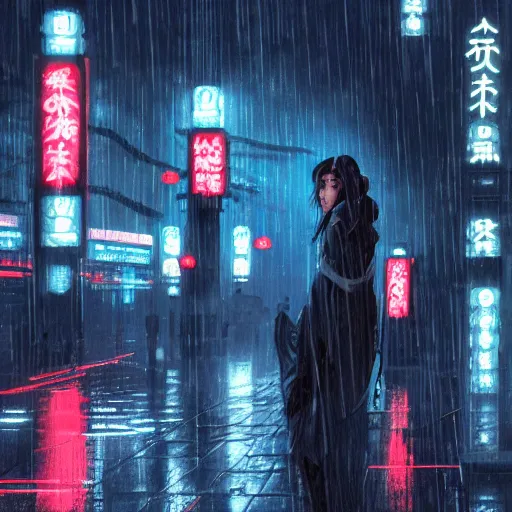 Image similar to high detailed geisha in a cyberpunk rainy city at night with a torii in the background by , high quality, 4K, UHD, trending on ArtStation, blade runner vibes, ghost in the shell