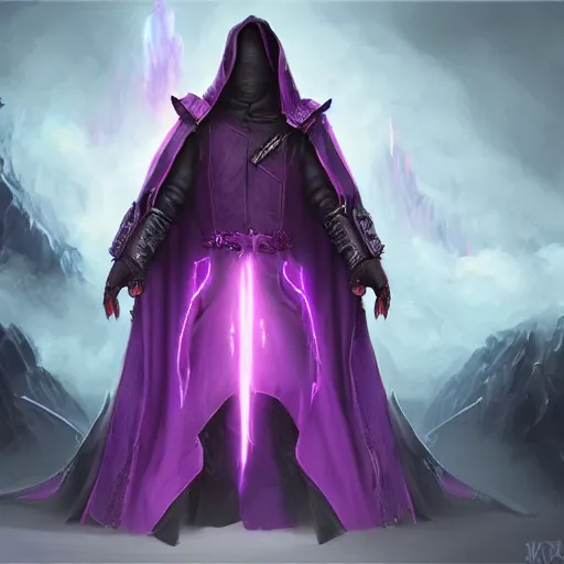 Image similar to warlock long hood cloak purple, fighting dark evil monster from hell in magic world, 8 k, trending on artstation by tooth wu