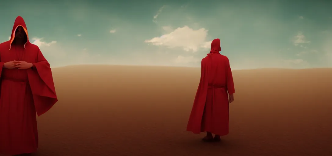 Prompt: an evil demon wearing red robes in a desert, evil face, bright eyes, sunny weather, rendered in octane, realistic, 8 k, vivid, intricate, detailed, mist, fog, dramatic light