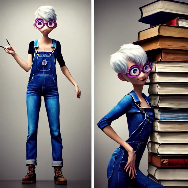 Image similar to full body pose, beautiful adult book fairy, pixar, short white hair shaved sides, dirty, grungy, grunge, long sleeve, painted overalls, stacks of giant books, highly detailed, 4 k, hdr, smooth, sharp focus, high resolution, award - winning photo, artgerm, photorealistic