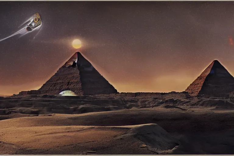 Prompt: egyptian spaceship, matte painting