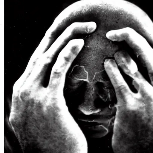 Image similar to a man experiencing his third eye pineal gland exploding out of the front of his forehead as he is able to perceive all of the thoughts of mankind. body horror. by gerald grom and ansel adams.