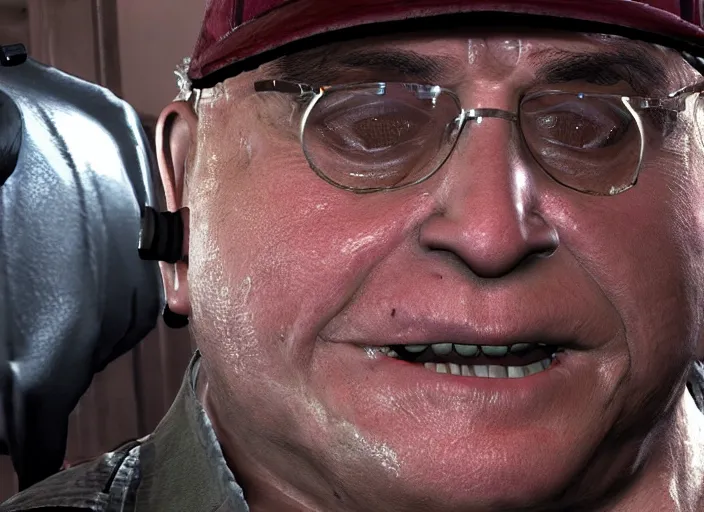 Prompt: video game still of danny devito in the video game resident evil 2,