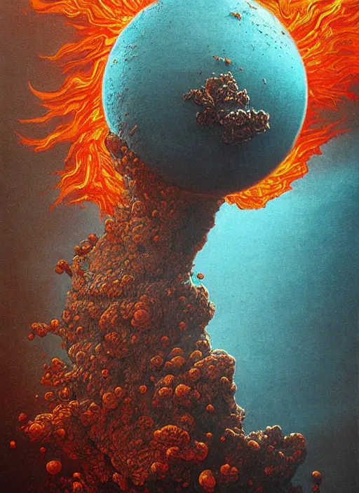 Image similar to exploding, cracking planets and moons engulfed in flames in the style of, pascal blanche, surreal, beksinski, high detailed