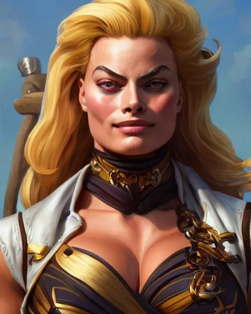 Image similar to full figure ultra realistic illustration, margot robbie as thick female bodybuilder pirate zarya from overwatch smiling with closed eyes, intricate, elegant, highly detailed, digital painting, artstation, concept art, smooth, sharp focus, illustration, art by artgerm and greg rutkowski and alphonse mucha