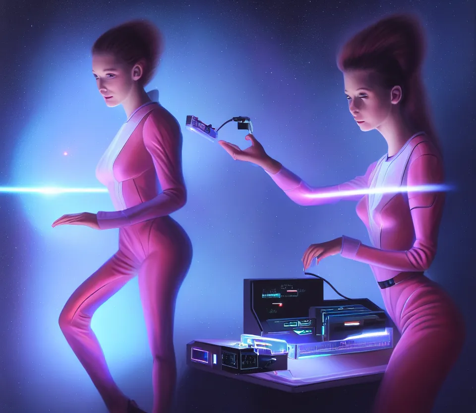 Prompt: beauty young space woman inputting data with lasers in a hologram with alien artifacts, mechanical case display, loose wiring dangling, 80s Aliens tech, ultrarealistic, dramatic lighting, electrical details, high details, 4k, 8k, best, accurate, trending on artstation, artstation, photorealism, ultrarealistic, digital painting, style of Peter Mohrbacher and Boris Vallejo and Wayne barlowe