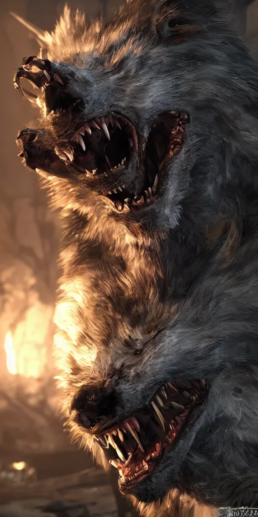 Image similar to 8k ultra realistic werewolf videogame promotional art, full of colour, cinematic lighting, trending on artstation, focused, extreme details, unreal engine 5, cinematic