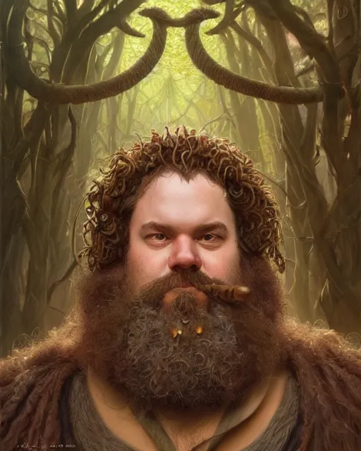 Prompt: patrick rothfuss as forest druid with ram horns and leaves in his beard | highly detailed | very intricate | symmetrical | cinematic lighting | award - winning | closeup portrait | painted by donato giancola and mandy jurgens and charlie bowater | featured on artstation