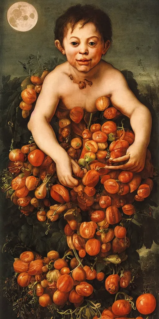 Image similar to a boy sitting in a tub full of tomato sauce, the moon is made by bananas, by giuseppe arcimboldo, renaissance, portrait, fruit, detailed oil paint, high definition