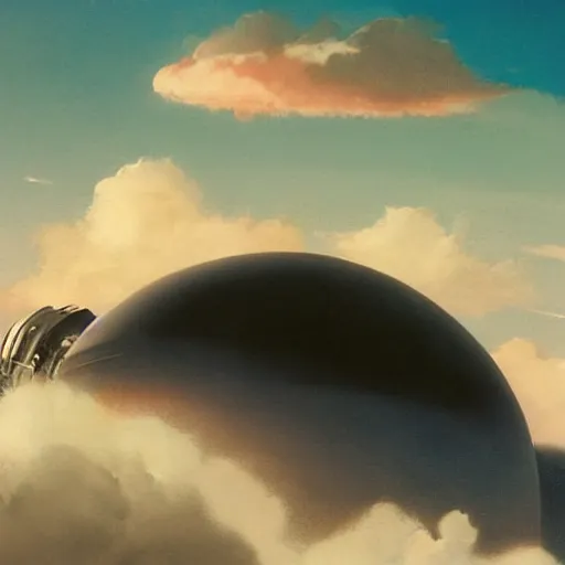 Image similar to beautiful matte painting of a dreamy ocean with clouds, sci - fi, daylight, blue sky, cinematic lighting, cinematic perspective, black planet above, syd mead, john harris, federico pelat, detailed, 4 k, hd