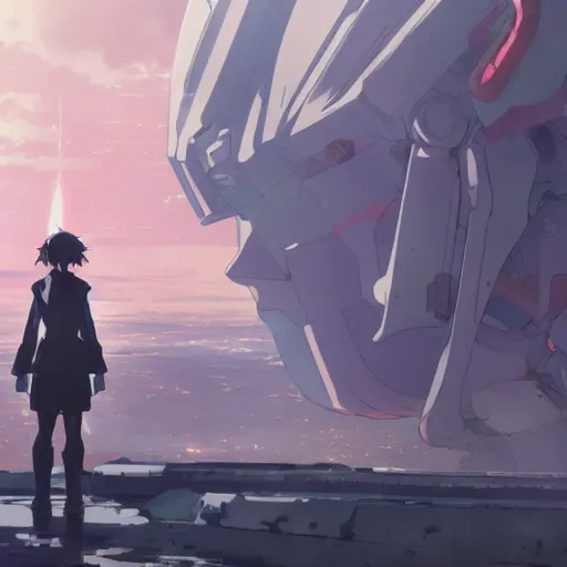 Prompt: Girl mecha pilot from the original anime titled Kyoukai Senki by Makoto Shinkai, character design by Ilya Kuvshinov and Greg Rutkowski, Key Visual, PV, dramatic wide angle shot of the wasteland, teaser