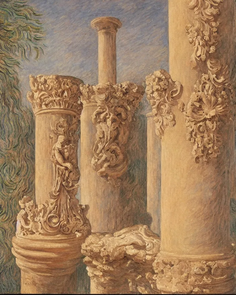 Prompt: achingly beautiful painting of intricate ancient roman corinthian capital on peach background by rene magritte, monet, and turner. giovanni battista piranesi.