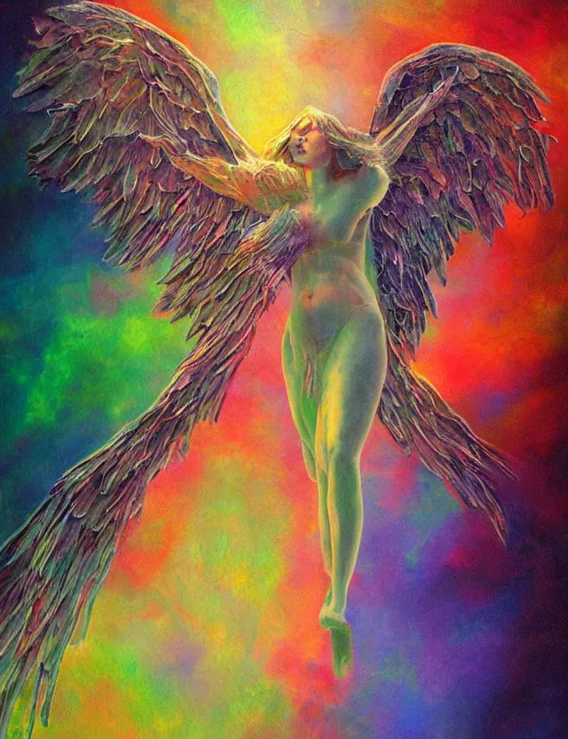 Prompt: spirit of the lunar mythos mercurial angel mist, award winning oil painting, chromatic aberration polychromatic color palette