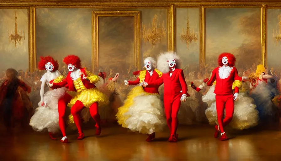 Image similar to highly detailed painting of a group of ronald mcdonald clowns with red afros, white facepaint, red noses and yellow waltzing gracefully at a prestigious event in the ballroom by william turner, by greg rutkowski, by william constable, thick brush strokes and visible paint layers, 4 k resolution