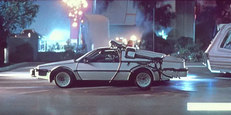 Image similar to Photorealistic close up cinematography of the rear of a the Back To The Future Time Machine reversing down a ramp out of Doc Browns Van at night + filmed on location at at the Twin Pines mall By “Back To The Future” Cinematographer Dean Cundey at night 5