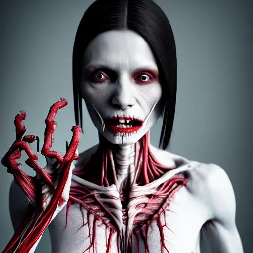 Prompt: female vampire with translucent skin, visible muscles and veins and arteries and bones and spine and nerves, beautiful detailed intricate insanely detailed octane render, 8K artistic photography, photorealistic, chiaroscuro, by David Cronenberg