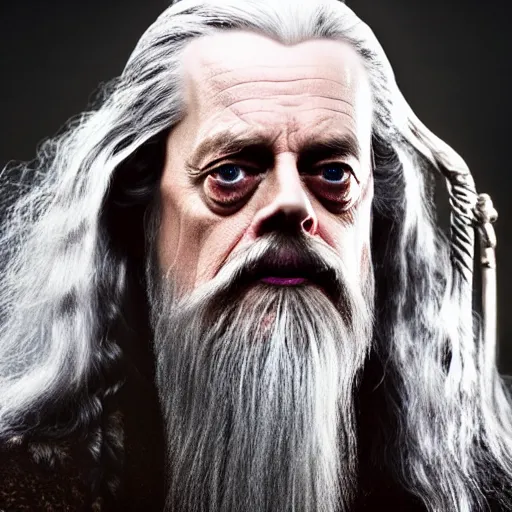 Prompt: portrait of Steve buscemi as Gandalf. Peter Jackson, lord of the rings, return of the king. cinematic, high detail, photography, 8k, iridescent accents