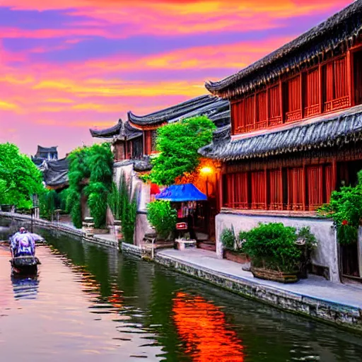 Prompt: evening water town in the south of china, zhouzhuang ancient town, sunset glow, super realistic photo