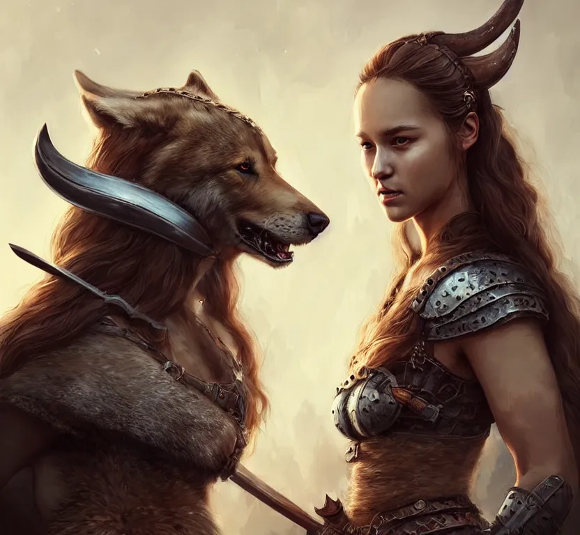 Image similar to a gorgeous!! woman resembling alicia vikander as a viking warrior accompanied by a dire wolf on the battlefield | drawn by wlop, drawn by jeehyung lee, drawn by argerm | intricate, highly detailed, ultra graphics, digital painting, artstation