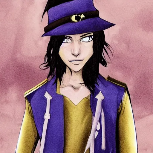 Image similar to https://static.wikia.nocookie.net/sandman/images/2/2f/Desire1.jpg/revision/latest?cb=20220725144255 Portrait of a fashionable androgynous pirate space captain, dark hair, golden eyes, teasing smile,