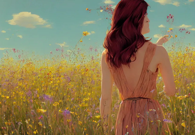 Image similar to a woman seen from behind from a distance with copper hair and a flowing yellow sundress dancing in a field of wildflowers, with cute - fine - face, pretty face, realistic shaded perfect face, fine details by realistic shaded lighting poster by ilya kuvshinov katsuhiro otomo, magali villeneuve, artgerm, jeremy lipkin and michael garmash and rob rey