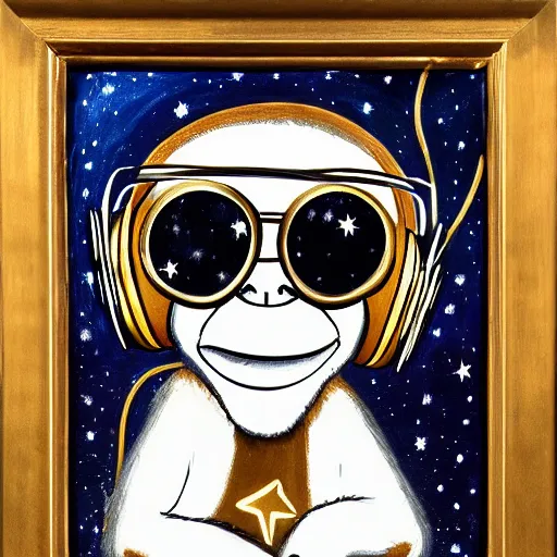 Image similar to a very detailed, 4 k painting of a monkey wearing golden headphones with shades looking up at the night sky filled with stars and galaxies