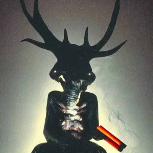 Image similar to candid night time photograph of a wendigo sitting down and smoking Marlboro Red cigarettes, wearing full leather gear