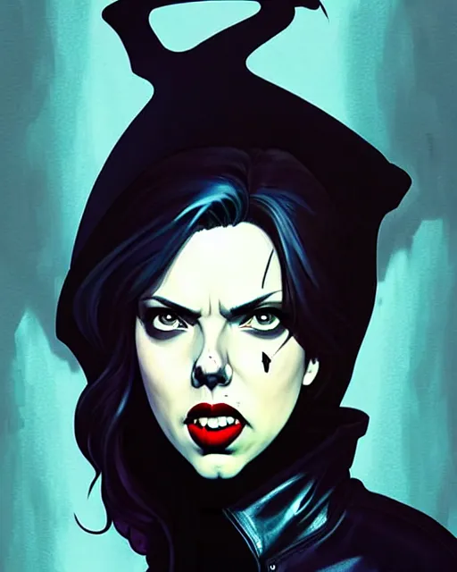 Image similar to rafael albuquerque comic art, peter mohrbacher, steve niles, phil noto, artgerm, pretty scarlett johansson vampire sharp vampire teeth open mouth, symmetrical eyes, black leather jacket, jeans, long blonde hair